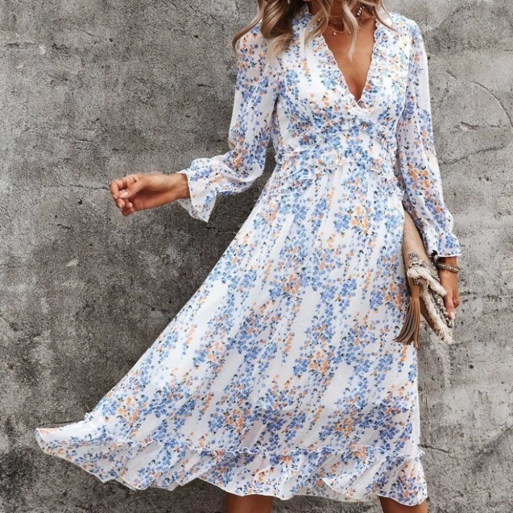 white blue Shabby Chic Cottagecore Floral Ditsy Ruffle Hem Dress - Picture 3 of 6